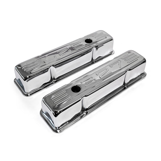 Chevy SBC 350 Chrome "327 Stamped" Steel Valve Covers - Tall w/ Baffled Hole