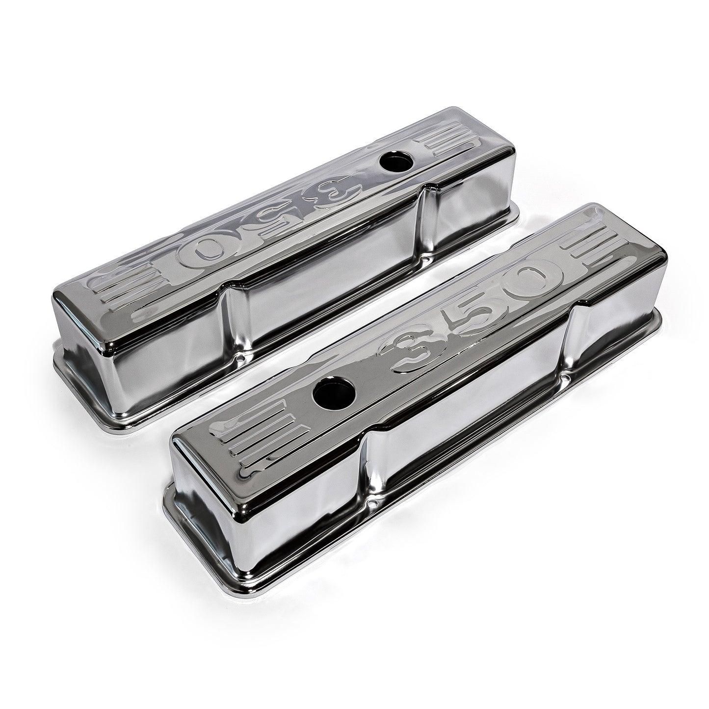 Tapas de válvulas de acero cromadas "350 Stamped" para Chevy SBC 350 - Altas con orificio deflector