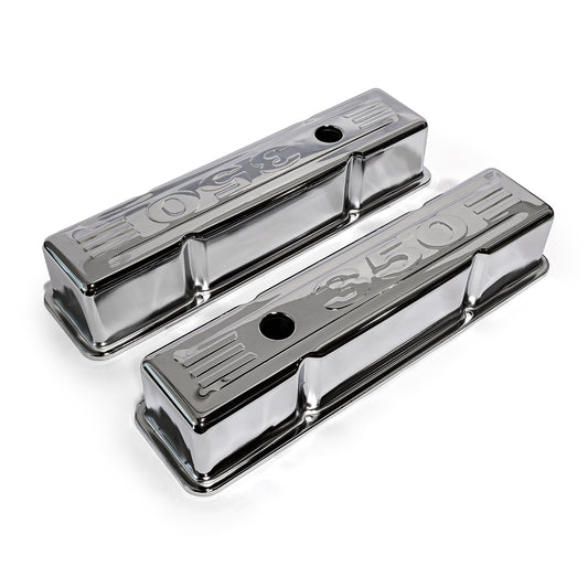 Chevy SBC 350 Chrome "350 Stamped" Steel Valve Covers - Tall w/ Baffled Hole
