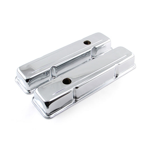 Chevy SBC 350 Chrome Steel Valve Covers - Short w/ Baffled Hole