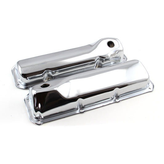 Ford 302 351C Cleveland Chrome Steel Valve Covers - 3 5/8" Tall w/ Baffled Hole
