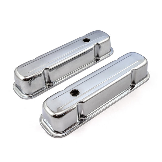 Pontiac 326 400 455 Chrome Steel Valve Covers - 3 1/2" Tall w/ Baffled Hole