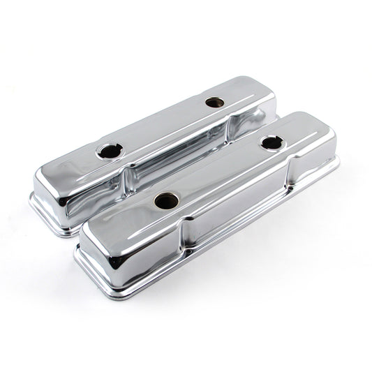 Chevy SBC 350 Chrome Steel Valve Covers - Short w/ 4 x Baffled Holes