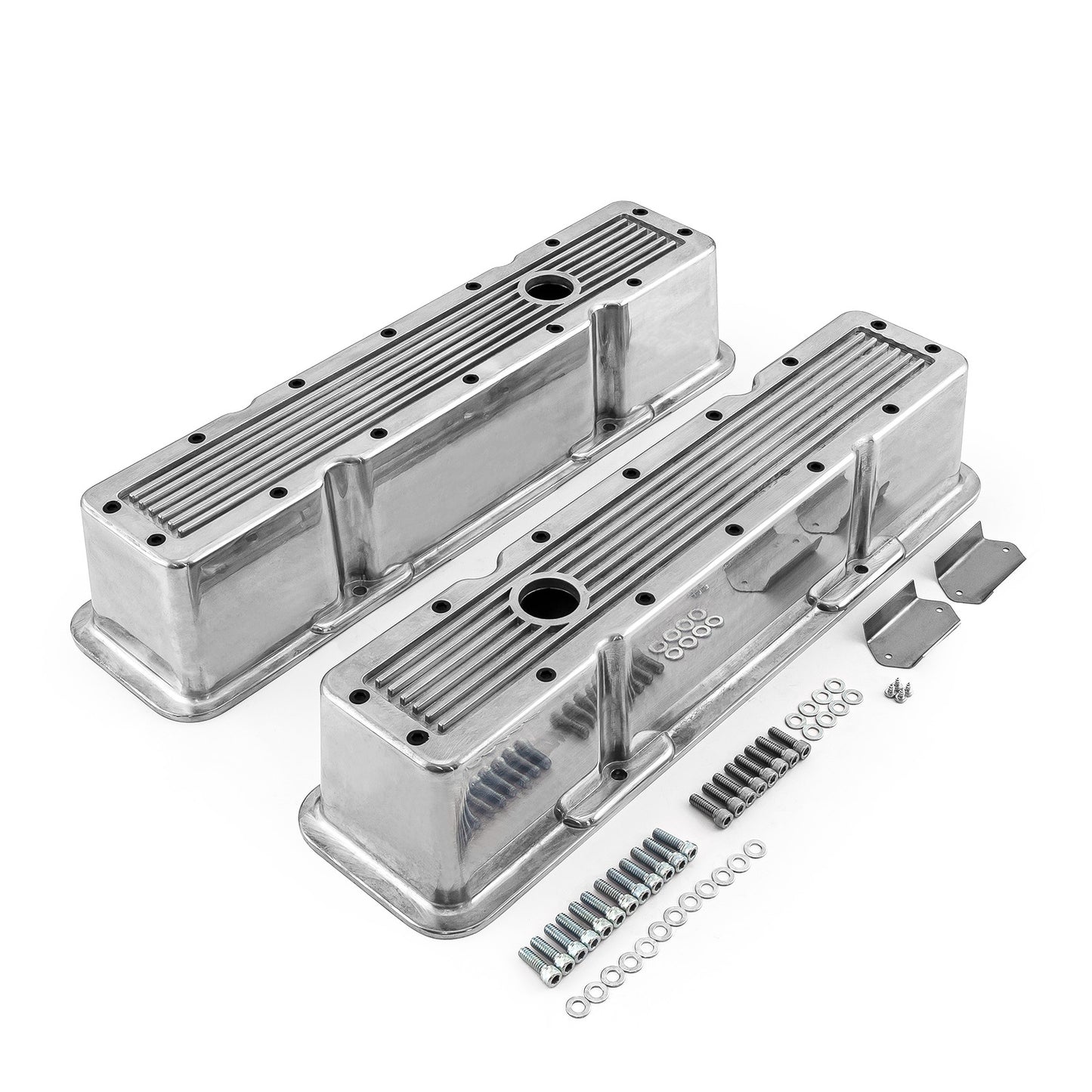 Tapas de válvulas de aluminio acanalado pulido para Chevy SBC 350 (altas, con orificio)