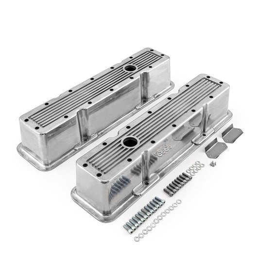 Tapas de válvulas de aluminio acanalado pulido para Chevy SBC 350 (altas, con orificio)