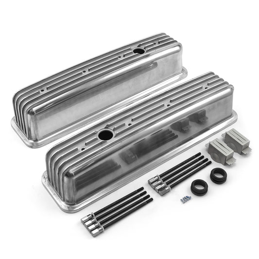 Tapas de válvulas de aluminio con aletas y pernos centrales nostálgicos para Chevy SBC 350 - Altas con orificio