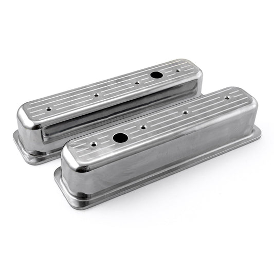 Chevy SBC 350 Center Bolt Polished Aluminum Ball Milled Valve Covers Tall w/Hole