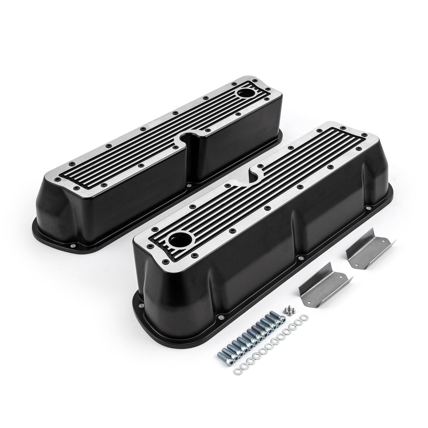 Tapas de válvulas de aluminio acanalado negro Windsor para Ford SB 289 302 351 - Altas con orificio