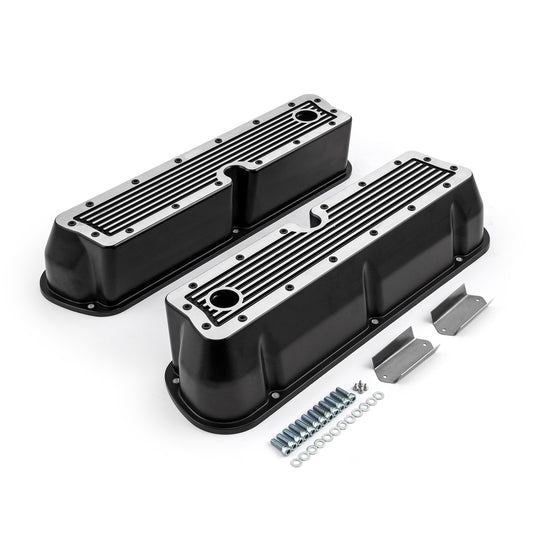 Tapas de válvulas de aluminio acanalado negro Windsor para Ford SB 289 302 351 - Altas con orificio