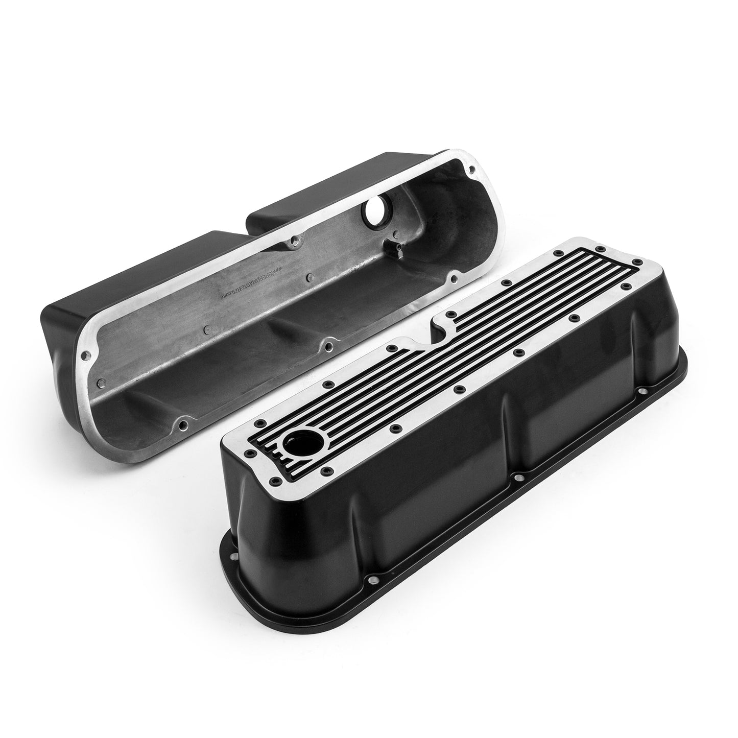 Tapas de válvulas de aluminio acanalado negro Windsor para Ford SB 289 302 351 - Altas con orificio