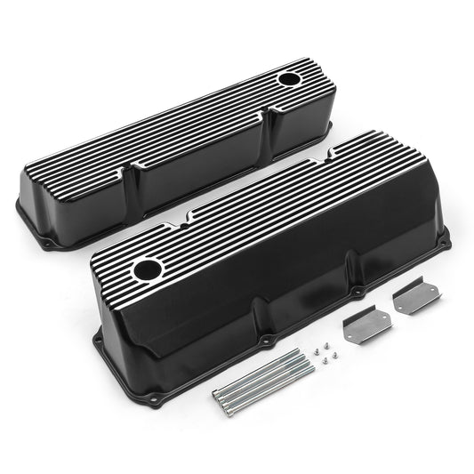 Tapas de válvulas de aluminio con aletas negras para Ford 302 351C Cleveland - Altas con orificio