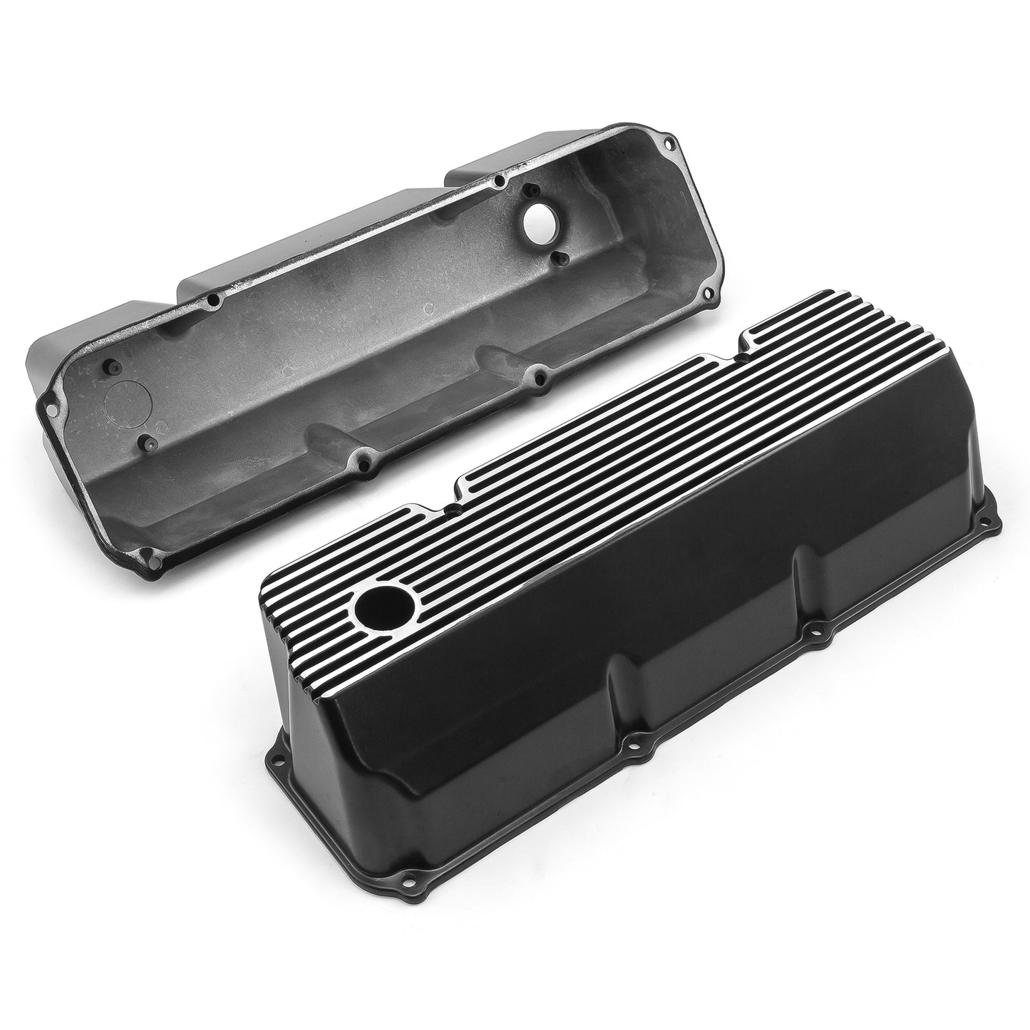 Tapas de válvulas de aluminio con aletas negras para Ford 302 351C Cleveland - Altas con orificio