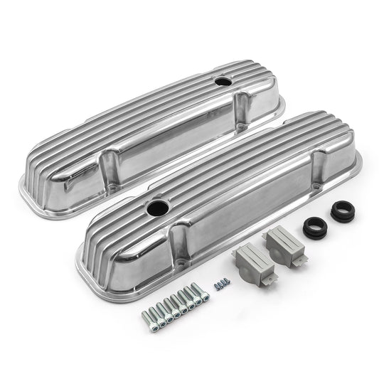 Pontiac 326 400 455 Polished Nostalgic Finned Aluminum Valve Covers w/Hole