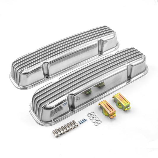 Pontiac 326 400 455 Polished Nostalgic Finned Aluminum Valve Covers w/o Hole