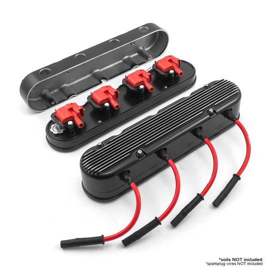 Chevy LS 2pc Finned Vintage Hidden Coil Aluminum Valve Cover - Black