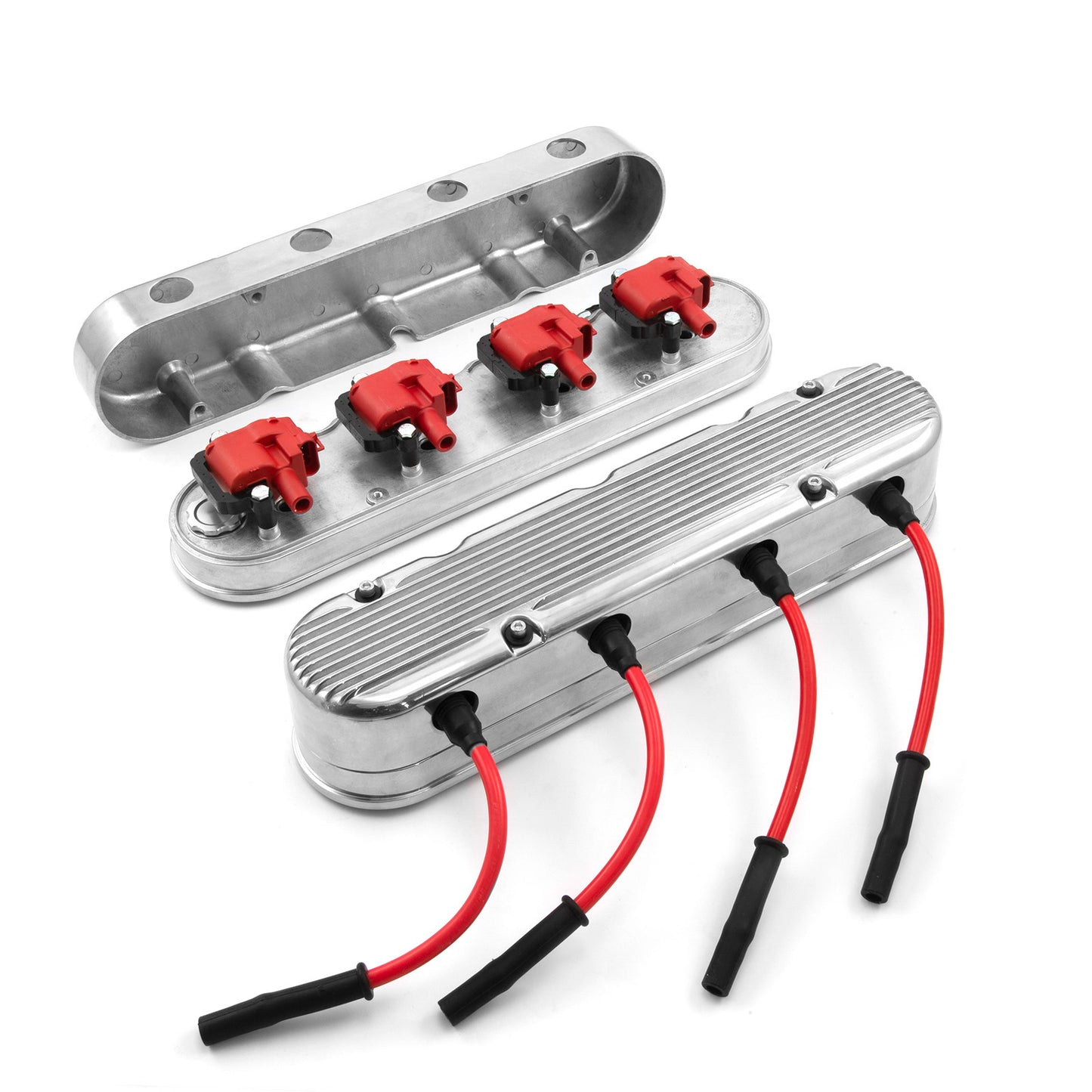 Kit de cables para bobinas ocultas de aluminio de 2 piezas con aletas para Chevy LS [pulido]