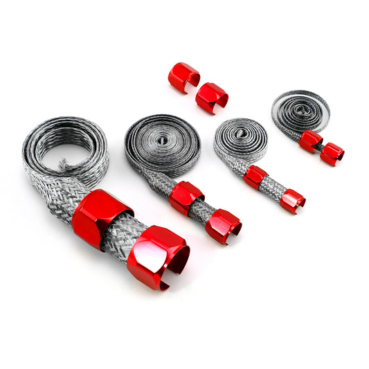 Kit universal de manguera trenzada de acero inoxidable y manguito de extremo - Rojo