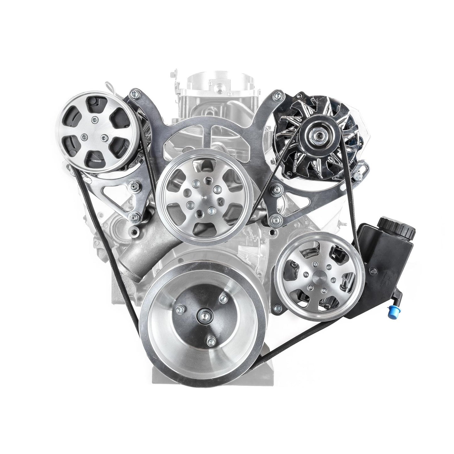 Chevy SBC 350 Aluminum Complete Serpentine Belt Drive System Kit w/reservoir - Polished