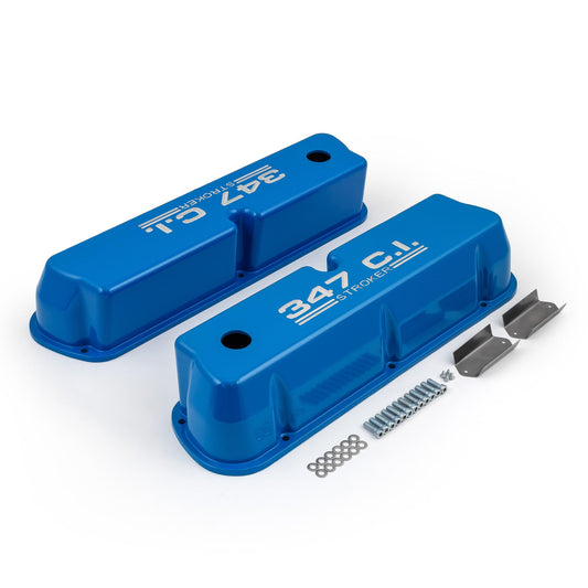 Ford SB 289 302 351 Windsor "347ci." Tapas de válvulas altas de aluminio azul con orificio