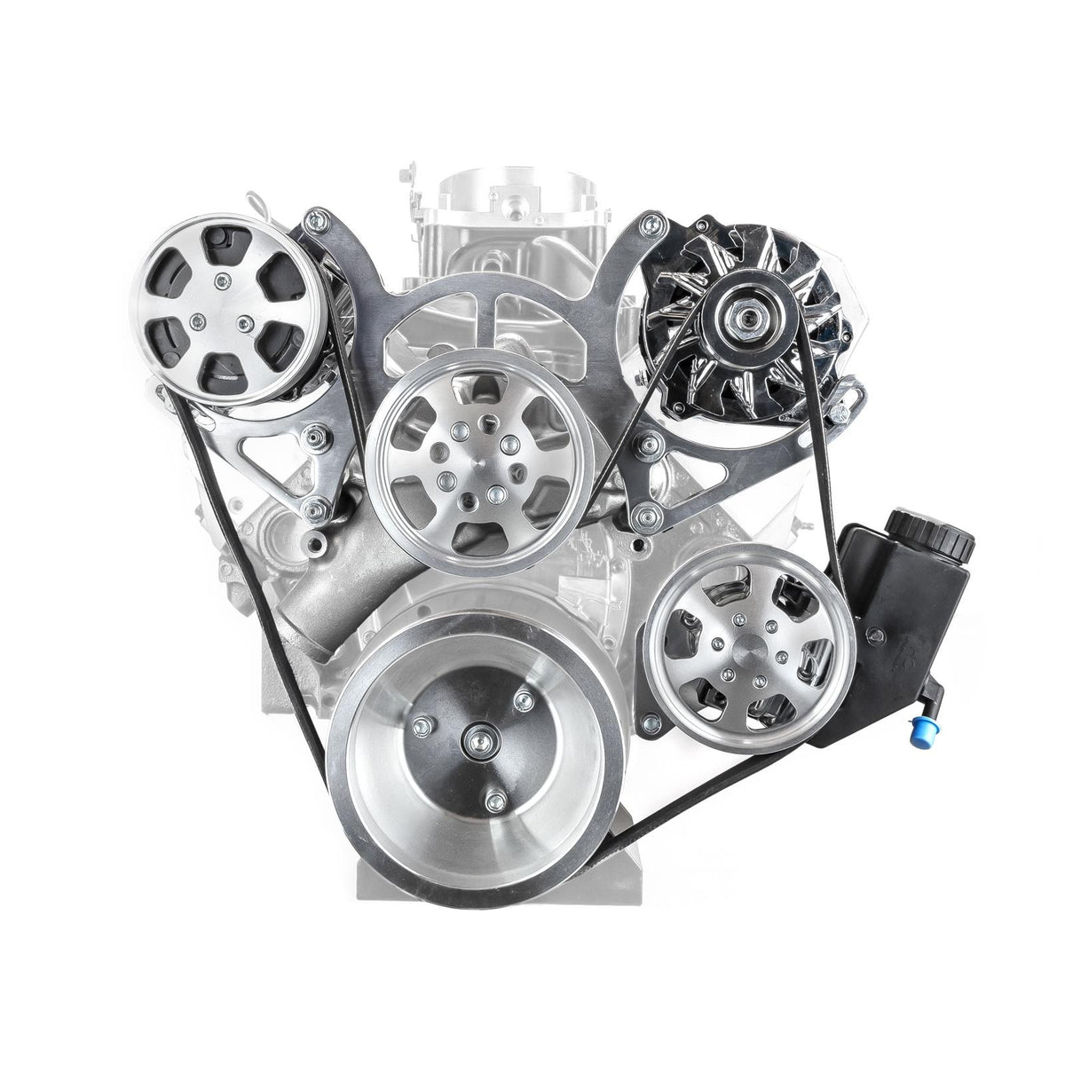 Chevy SBC 350 Aluminum Complete Serpentine Belt Drive System Kit w/reservoir - Polished