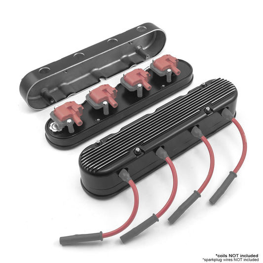 Chevy LS 2pc Finned Vintage Hidden Coil Aluminum Valve Cover - Black