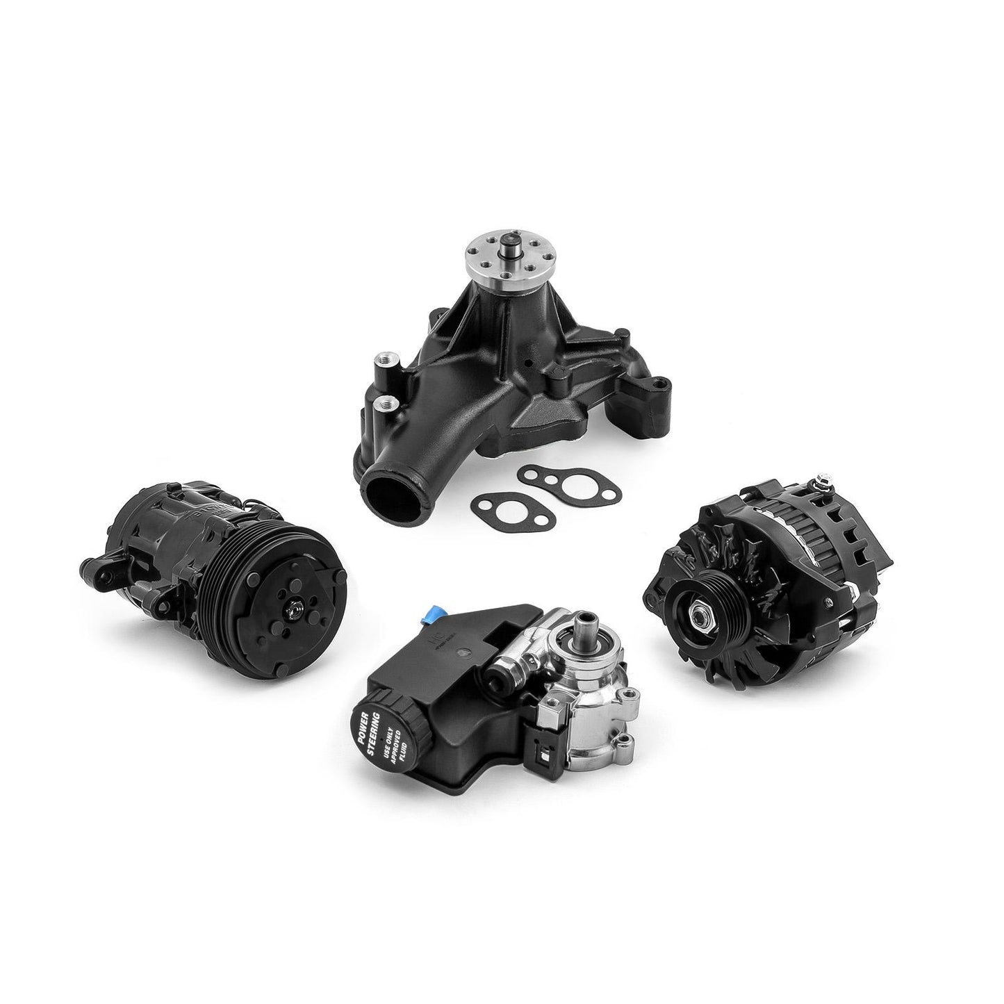 Kit completo de sistema de transmisión por correa serpentina de aluminio para Chevy SBC 350 con depósito, color negro