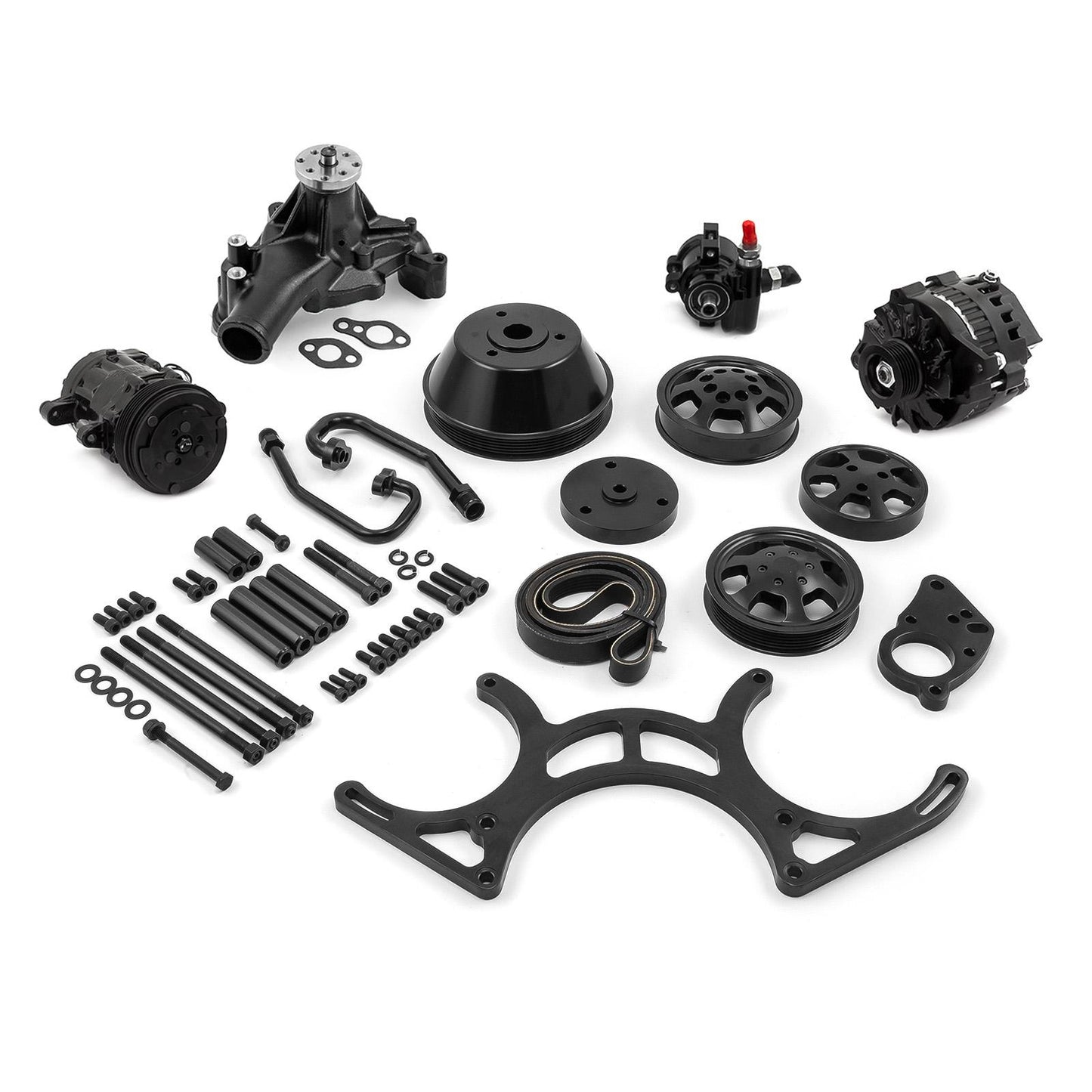 Chevy SBC 350 Aluminum Complete Serpentine Belt Drive System Kit - Black