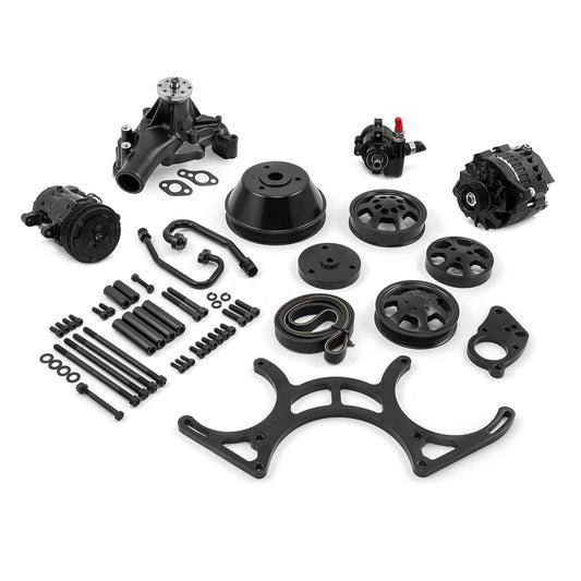 Chevy SBC 350 Aluminum Complete Serpentine Belt Drive System Kit - Black