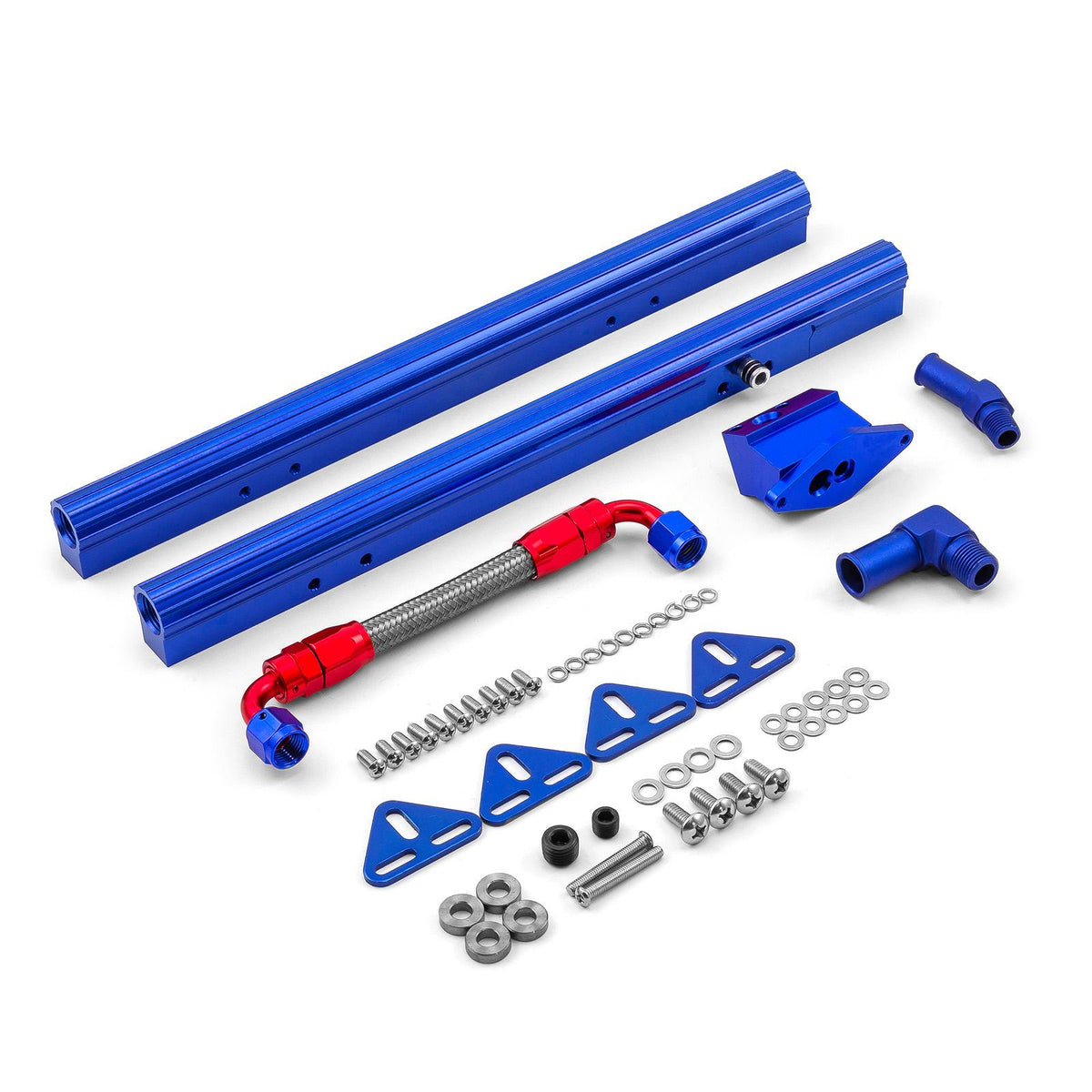 Kit de riel de inyector de combustible de aluminio billet para Ford 302 351 5.0L 5.7L (OEM en ángulo), color azul