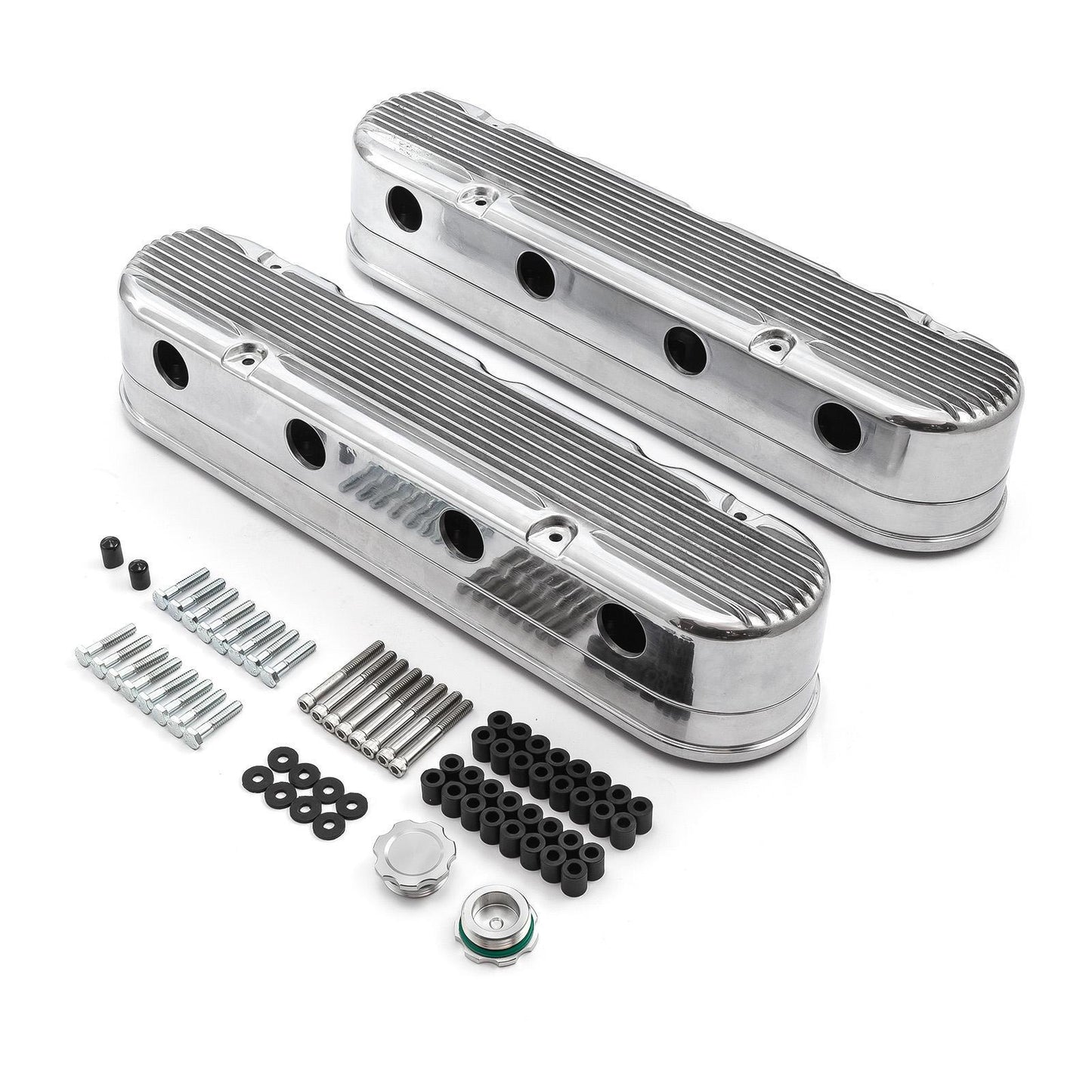 Chevy LS 2pc Finned Vintage Hidden Coil Aluminum Valve Covers Coil Packs Wire Kit [Polished]