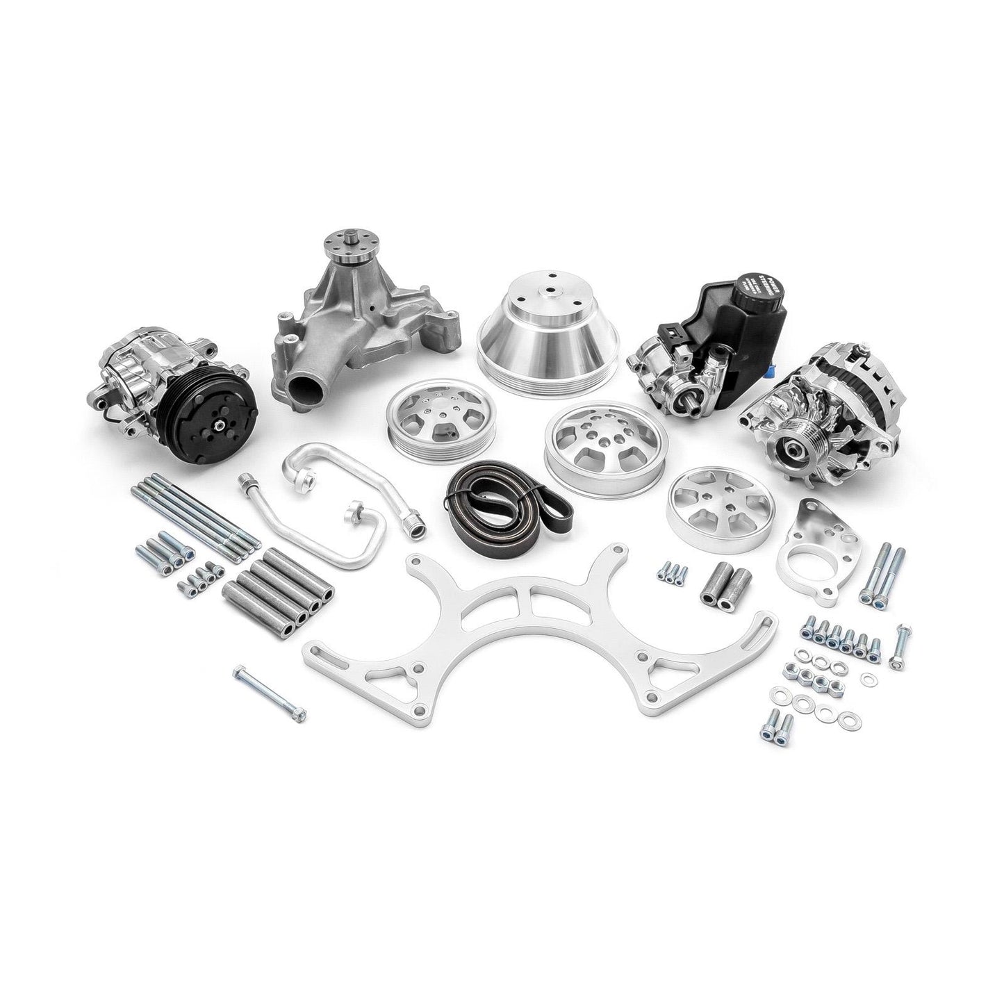 Kit completo de sistema de transmisión por correa serpentina de aluminio para Chevy SBC 350 con depósito - Pulido
