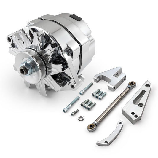 Chevy SBC 350 100 Amp 3 Wire Alternator & SWP Aluminum Bracket Kit Polished