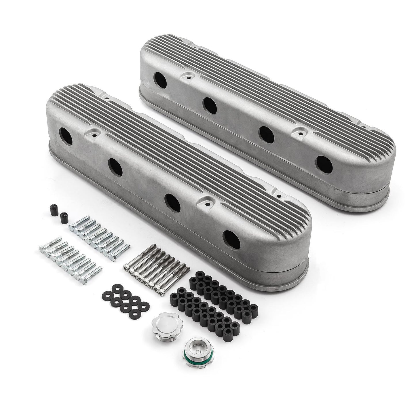 Tapa de válvula de aluminio con bobina oculta vintage con aletas de 2 piezas para Chevy LS - Satinada