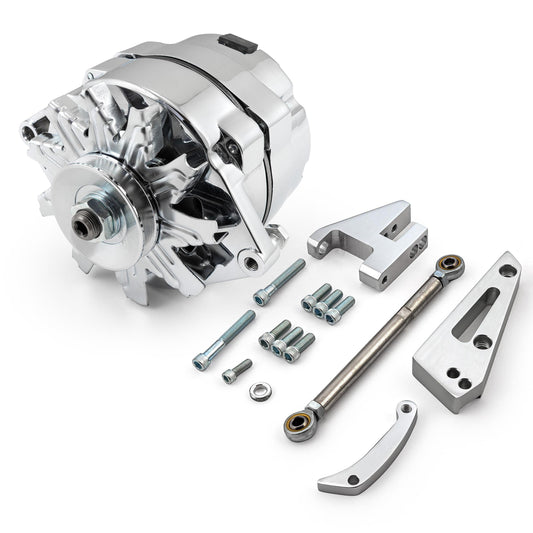 Kit de alternador de 1 cable y soporte de aluminio pulido para Chevy SBC 350 de 100 amperios y SWP