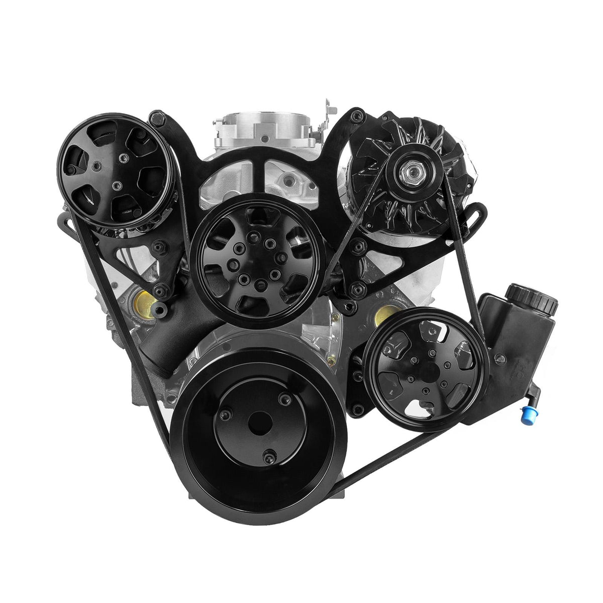 Chevy SBC 350 Aluminum Complete Serpentine Belt Drive System Kit w/reservoir - Black