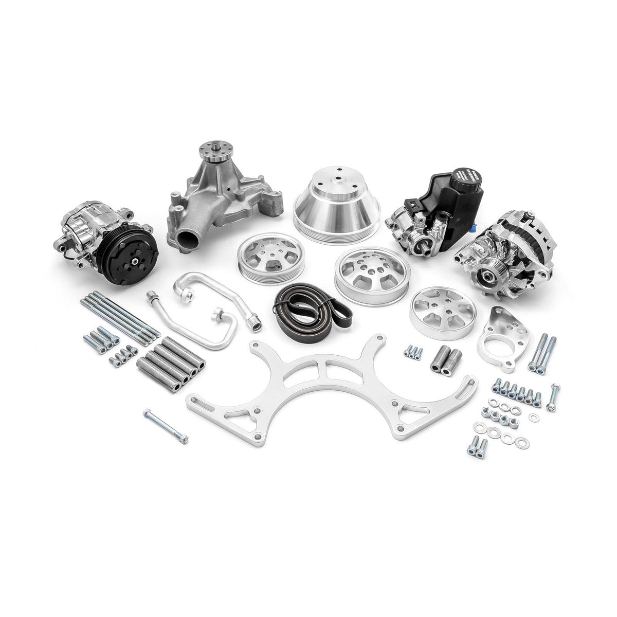 Chevy SBC 350 Aluminum Complete Serpentine Belt Drive System Kit w/reservoir - Polished
