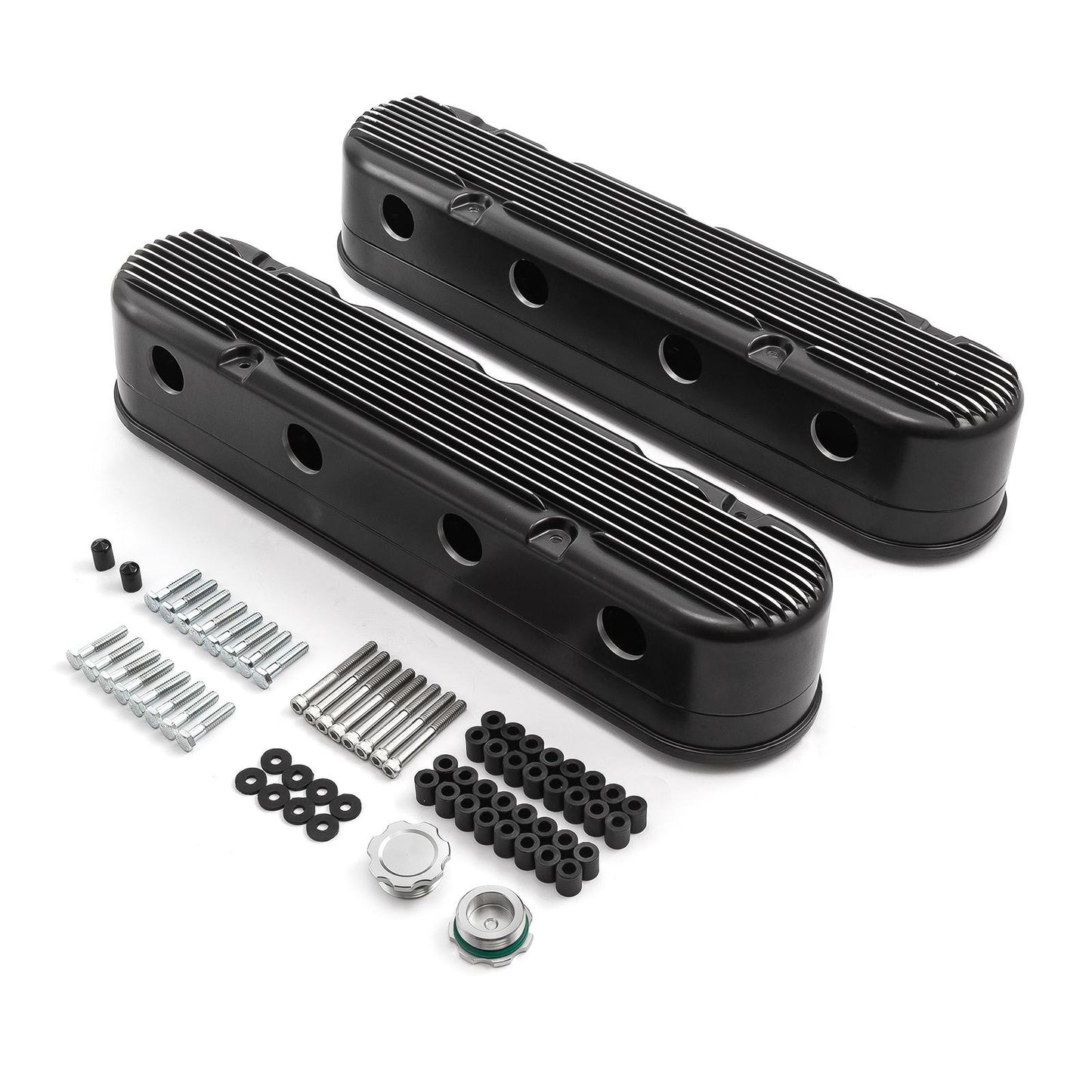 Tapa de válvula de aluminio con bobina oculta vintage con aletas de 2 piezas para Chevy LS - Negra