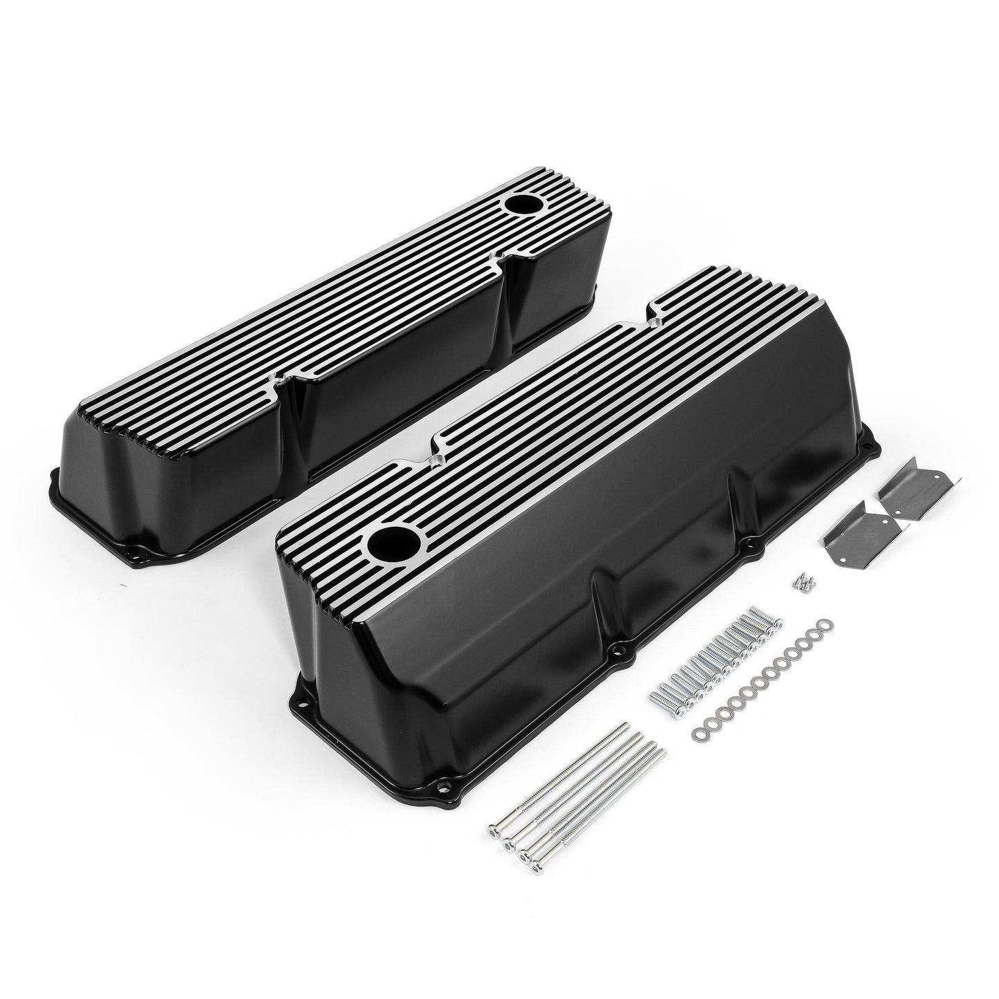 Tapas de válvulas de aluminio con aletas negras para Ford 302 351C Cleveland - Altas con orificio