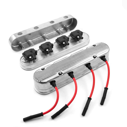 Chevy LS 2pc Finned Vintage Hidden Coil Aluminum Valve Covers Coil Packs Wire Kit [Polished]