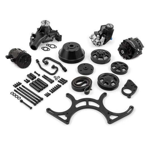 Kit completo de sistema de transmisión por correa serpentina de aluminio para Chevy SBC 350 con depósito, color negro