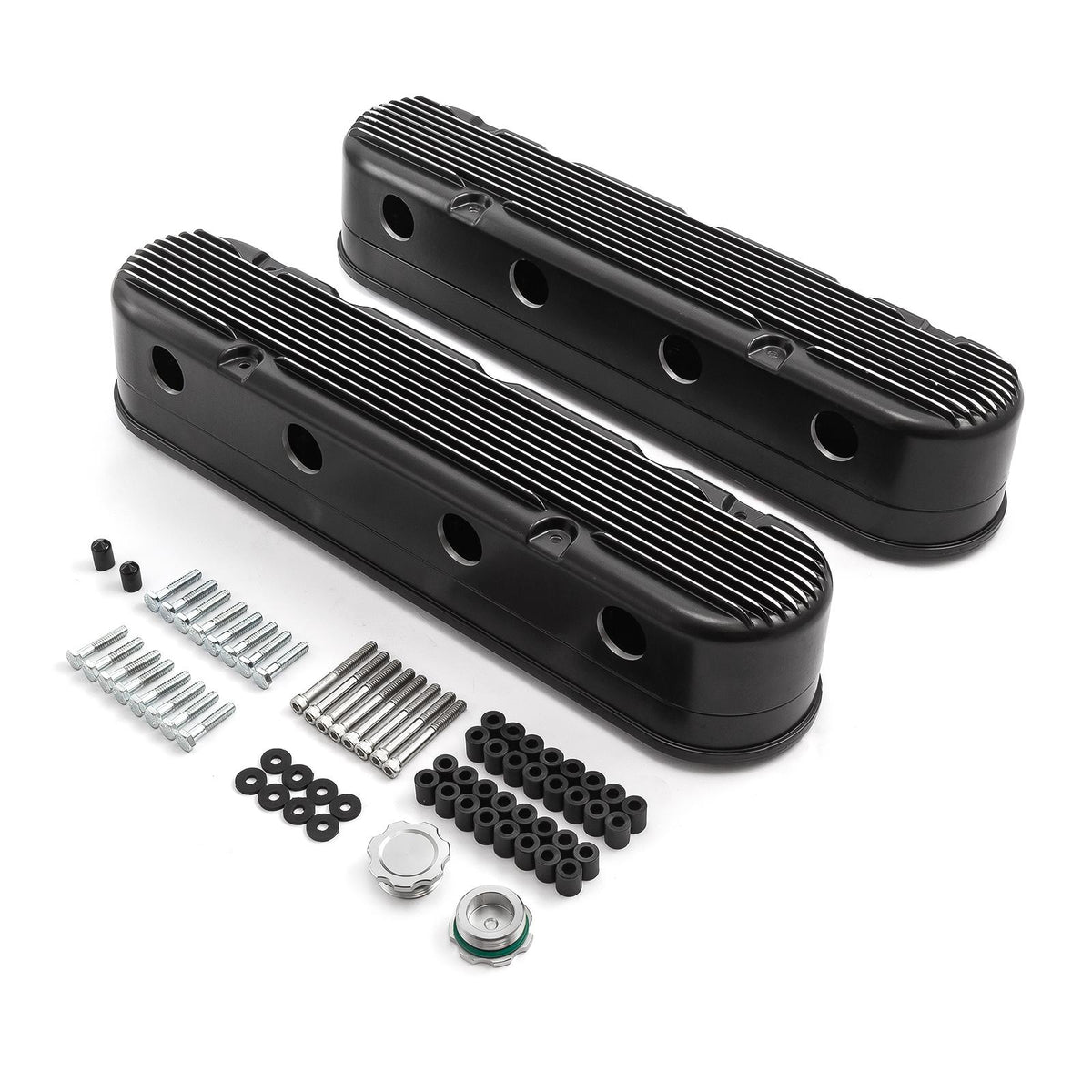 Tapa de válvula de aluminio con bobina oculta vintage con aletas de 2 piezas para Chevy LS - Negra